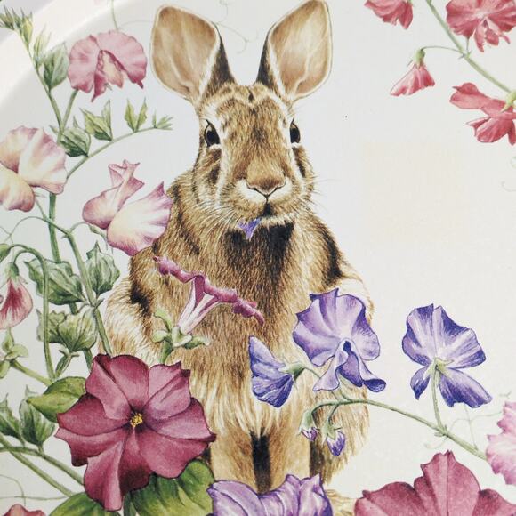 Vintage Judy Mizell Potpourri Petunia's Garden Rabbit Tin Serving 13" Round Tray - Picture 3 of 6
